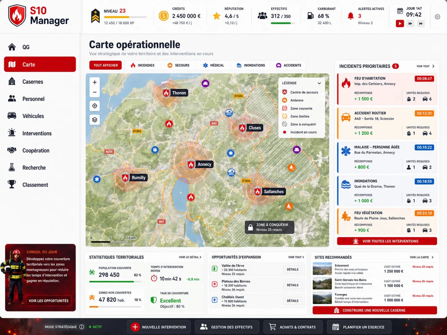 Carte opérationnelle de S10Manager avec incidents prioritaires, zones de couverture et moyens disponibles